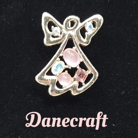 Danecraft Guardian Angel Brooch  Pin Silver Tone With Rhinestones & Pink Stones - Picture 1 of 5